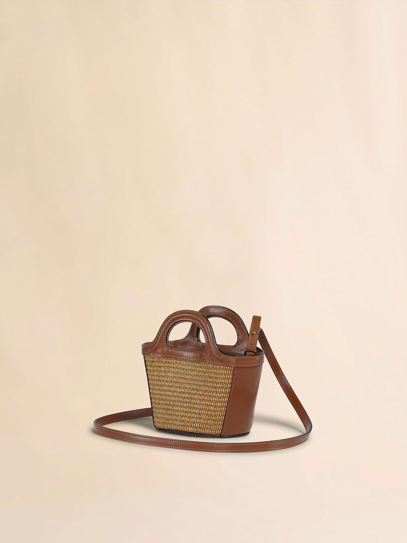 Bolso tropicalia en piel cafe y efecto raffia Marni